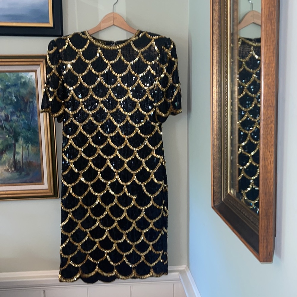 Black and Gold Sequin Silk Vintage Scallop Dress Gown Size M/L flapper costume